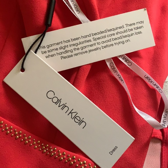 NEW CALVIN KLEIN SZ 6 DRESS FIT & FLARE COCKTAIL CORAL PEACH GOLDEN SEQUIN - Picture 15 of 16